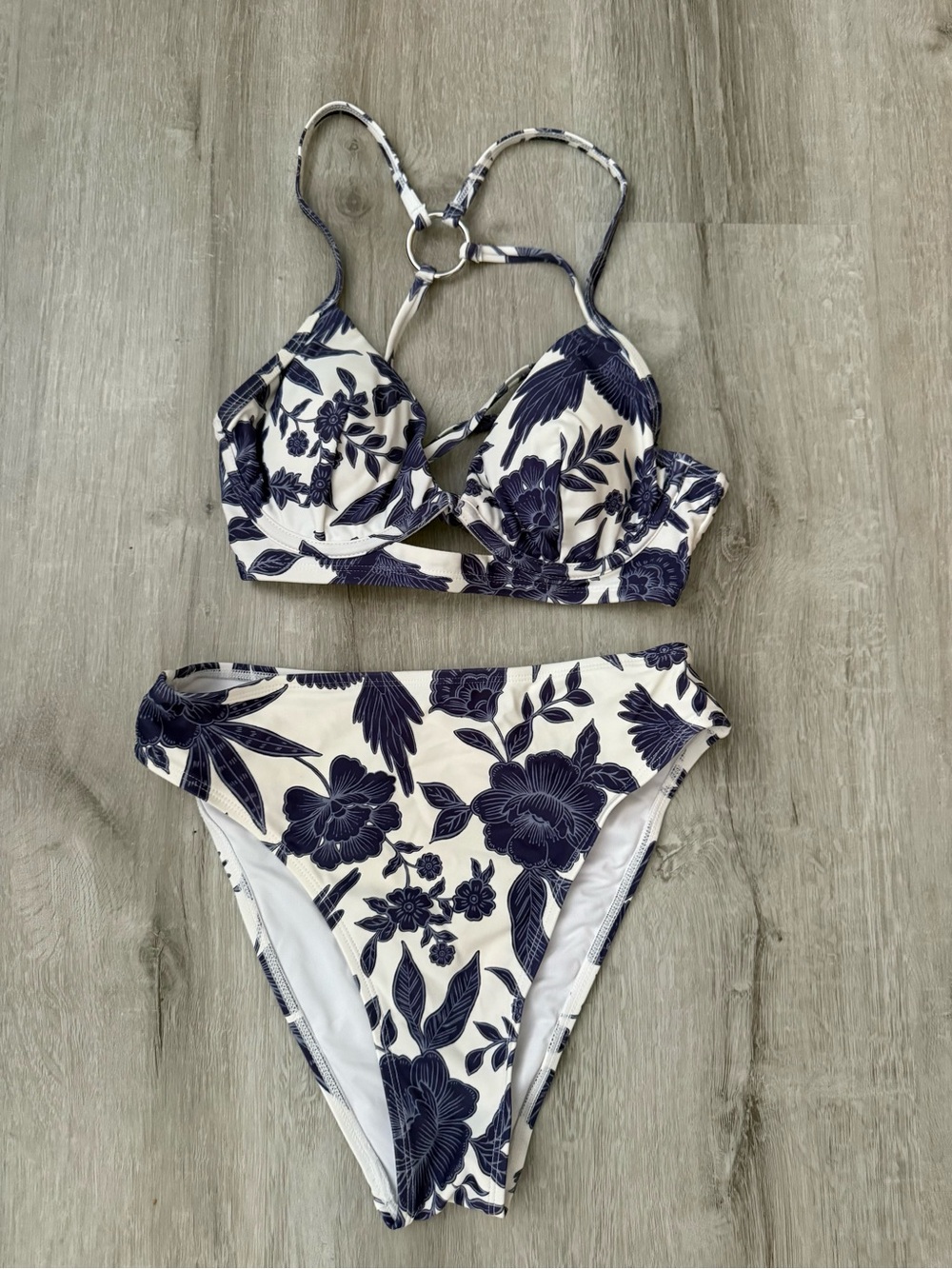 Cupshe High Waist Floral Bikini Set in Navy and White